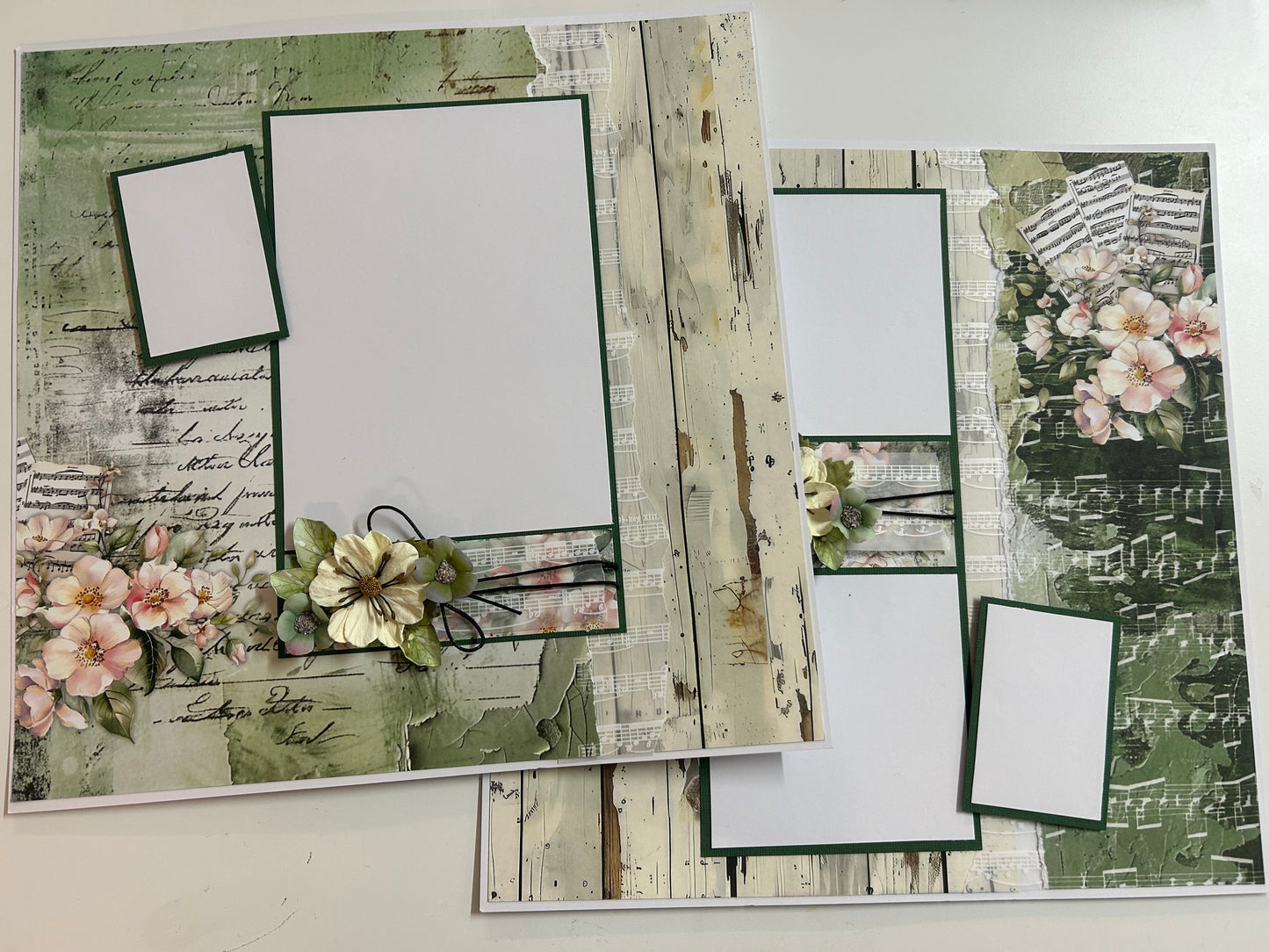 Scrapbooking pages with floral and rustic design elements on a white background