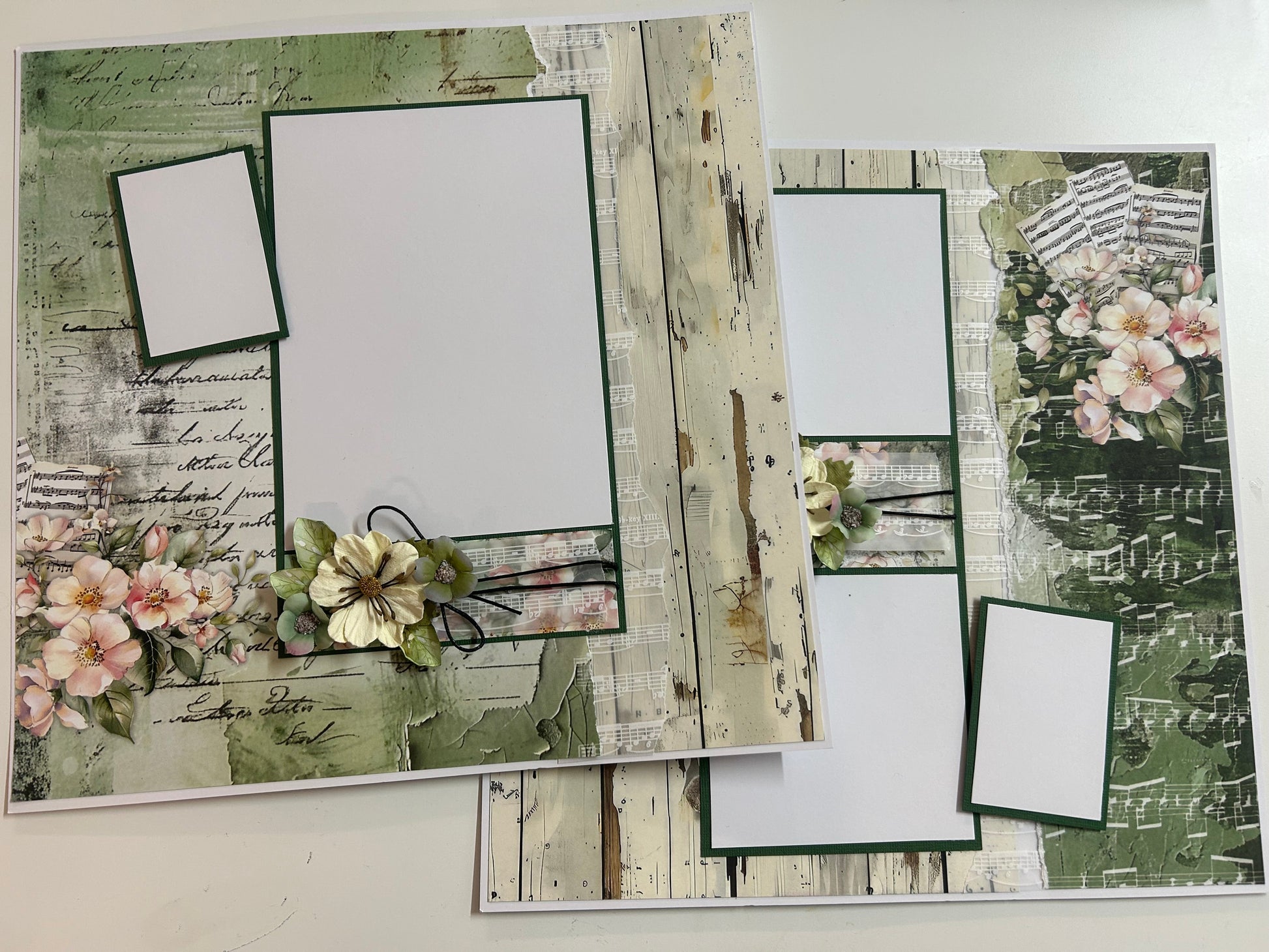Scrapbooking pages with floral and rustic design elements on a white background